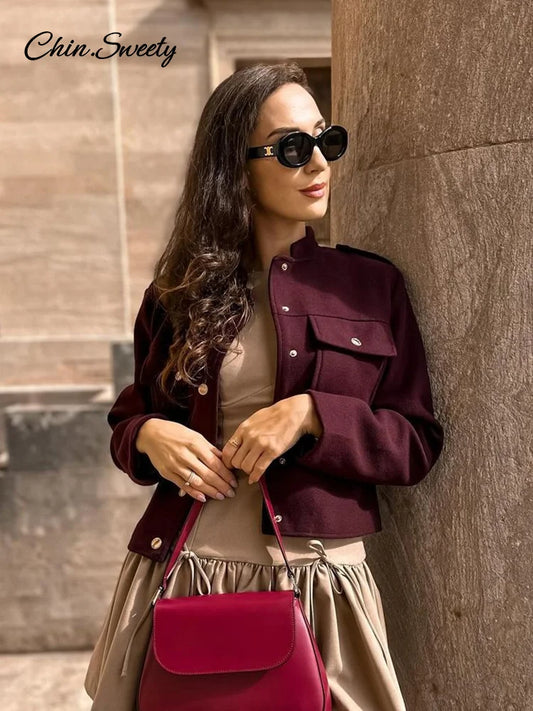Burgundy Color Woolen Jacket for Stand Collar Single Breasted Pocket Thick Short Coat Autumn Lady Commute Outwear New