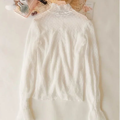 High Collar Mesh Perspective Blouse Summer Thin See Through Slim Bottoming Lace Long Flare Sleeved Tops