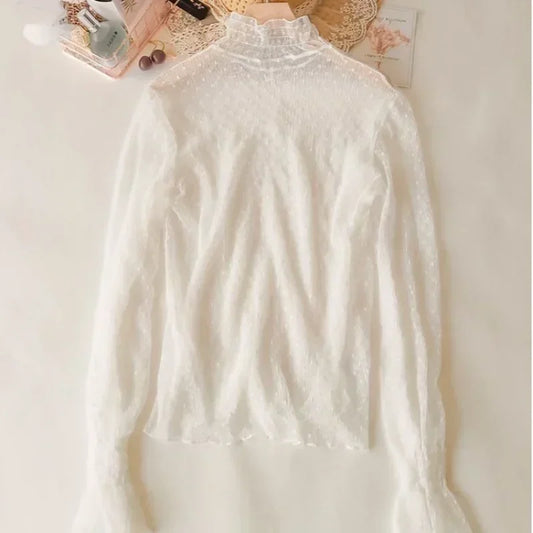 High Collar Mesh Perspective Blouse Summer Thin See Through Slim Bottoming Lace Long Flare Sleeved Tops