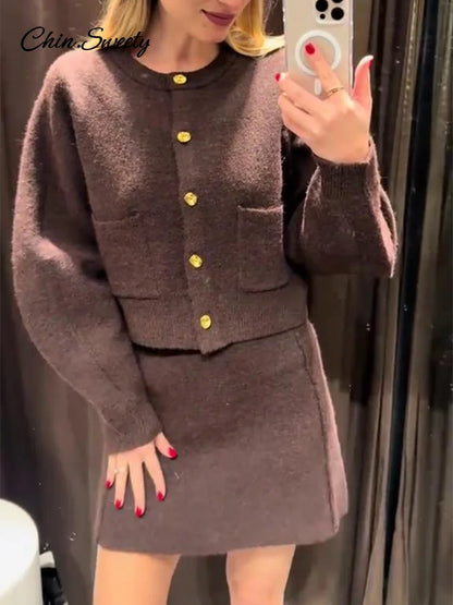 Brown Skirt Suits Knitted O-neck Long Sleeve Metal Button Cardigan High Waist A-line Mini Skirts Spring Lady Outfit