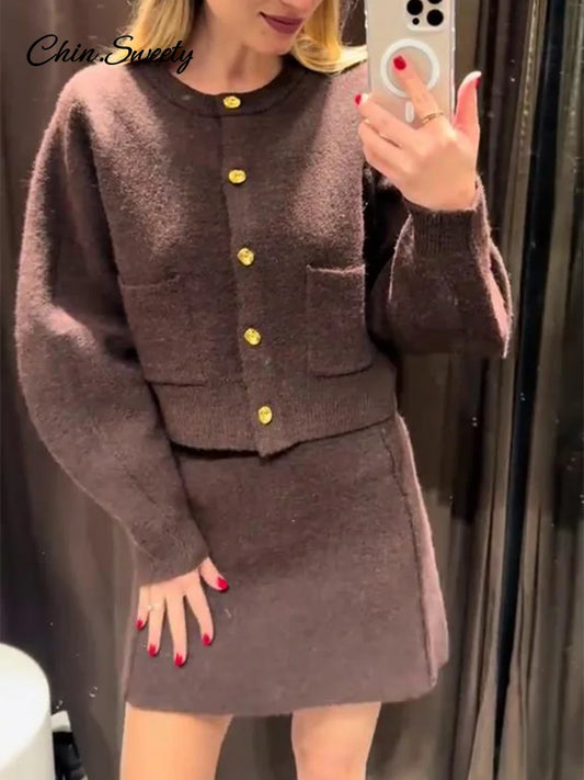 Brown Skirt Suits Knitted O-neck Long Sleeve Metal Button Cardigan High Waist A-line Mini Skirts Spring Lady Outfit