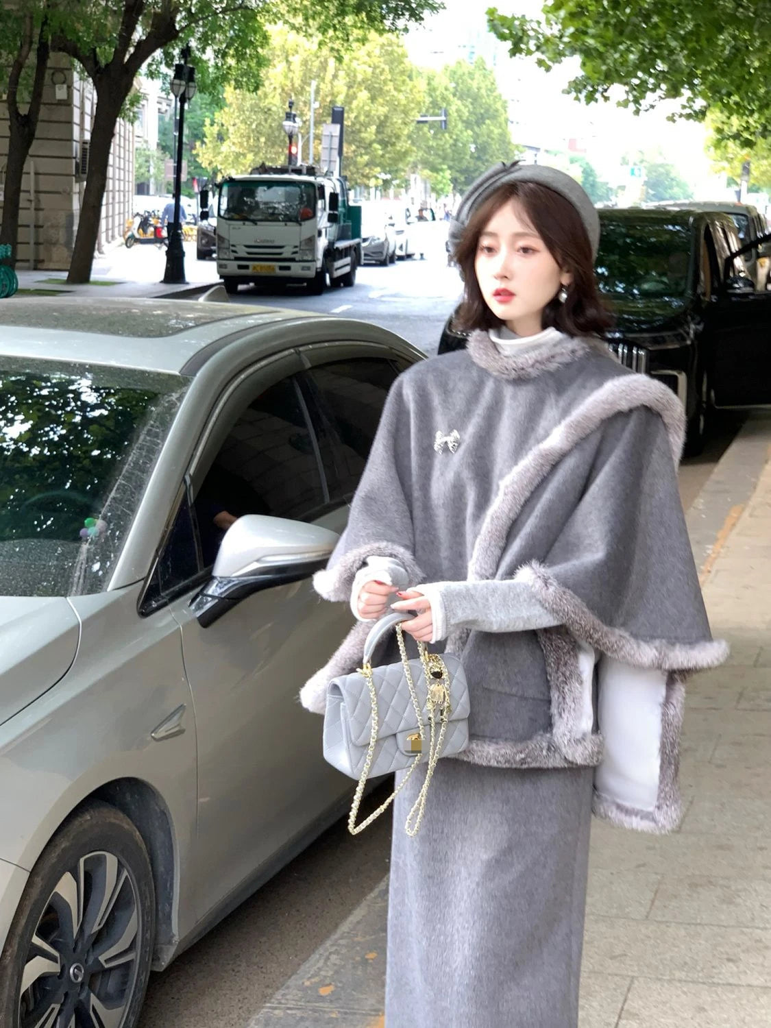 French Retro Style Cape Shawl Wool Coat Top Maxi Skirt Set Winter Socialite Commuting Color Two Piece Sets Outfits