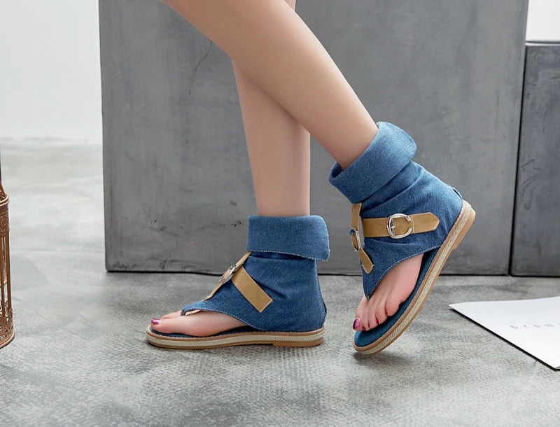 Blue Shoes Buckle Gladiator Sandals Summer Jeans Boots Booties Sandalias Size 43