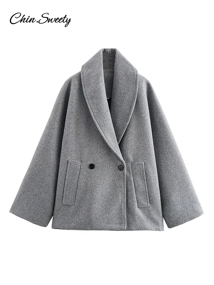 Retro Loose Woolen Blend Coat Lapel Double-breasted Long Sleeve Pocket Thick Gray Jacket Autumn Spring