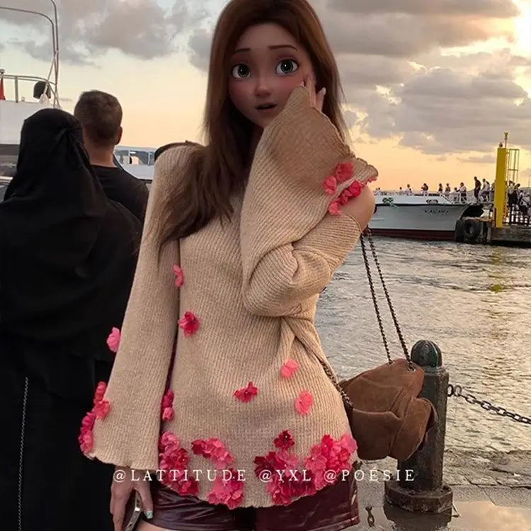 Autumn Winter New Temperament Celebrity Handmade Bead Flower Horn Sleeve Flowers Pastoral One Neck Knitted Sweater
