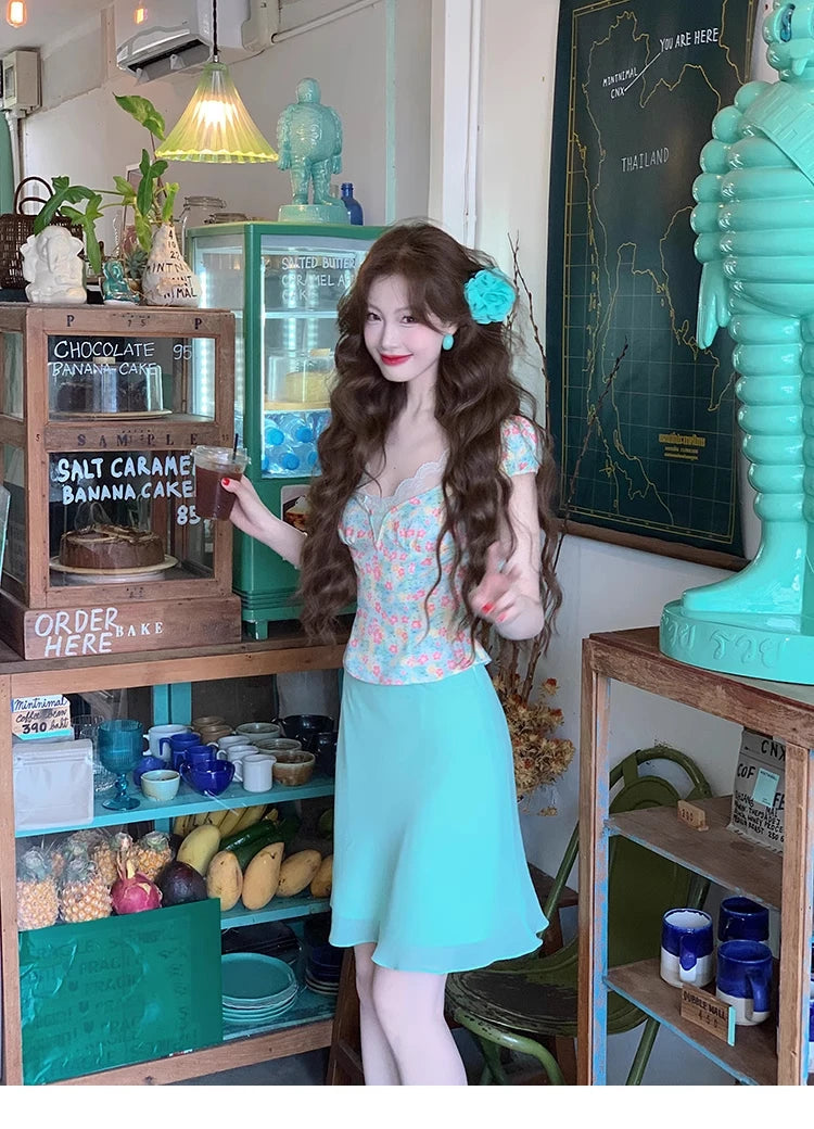 Suit Summer Lace Shortsleeved Tshirt High Waist Kneelength Skirt Twopiece Set Female Clothes