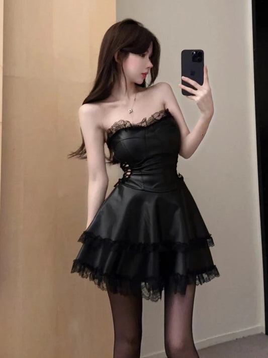Summer Spring Faux Leather Backless Y2k Club Mini Dress Sleeveless Female New Clothes Vestidos