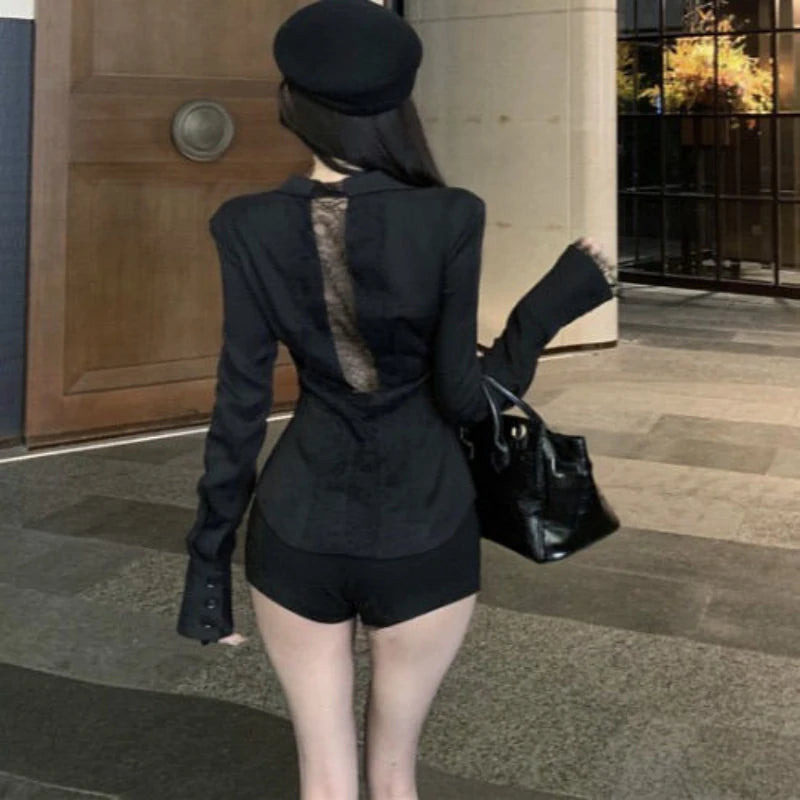 Backless Lace Youthful Black Long Sleeve Shirt V Neck Patchwork Basic Blouse Lady Office White Top