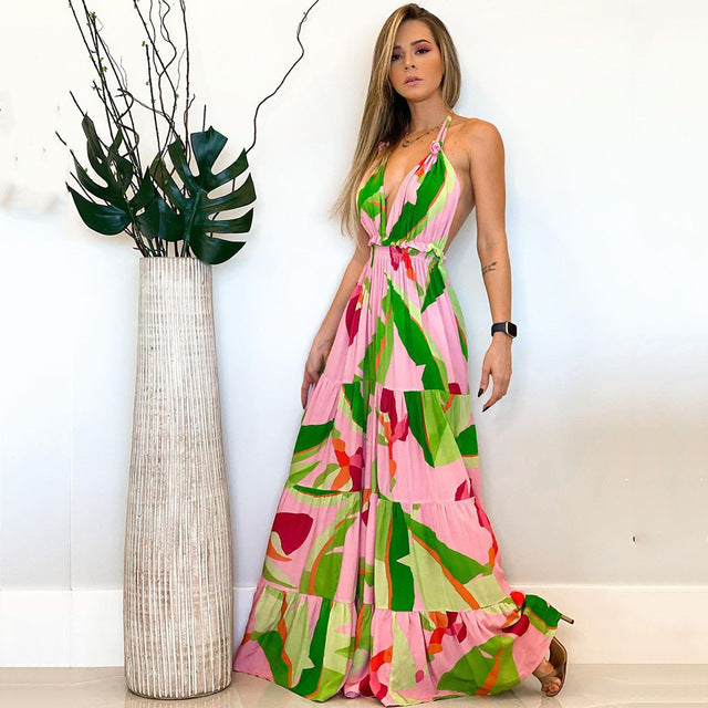 Style Print Halter Neck Dresses V-neck Backless Vacation Beach Long Dress Commuting Clothing Vestidos