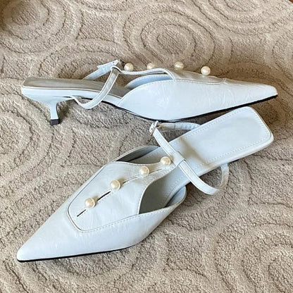 Woman Pumps String Pearl Pointed Toe Thin Low Heels Shoes Buckle Strap Zapatos De Mujer