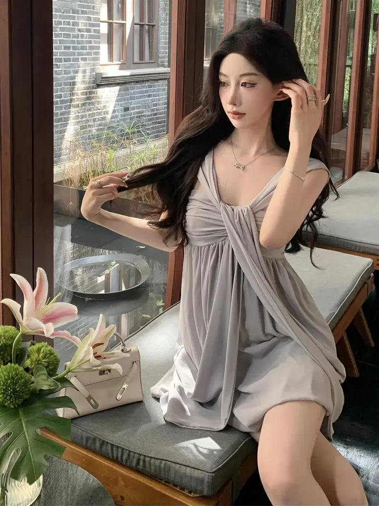 Summer New Gray High Waist Vacation Backless Slip Mini Dress Club Sleeveless Pleated Short Dress Trend