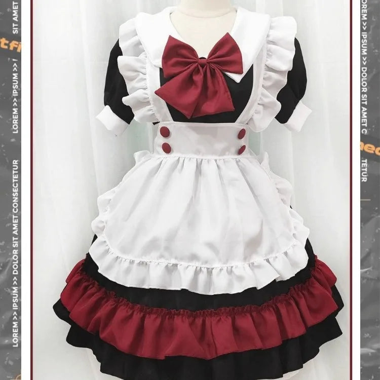 Black Red Lolita Cos Dress for Harajuku Sweet Vneck Bow Shorts Sleeve Dresses Y2k Egirl High Waist Vestidos Mujer