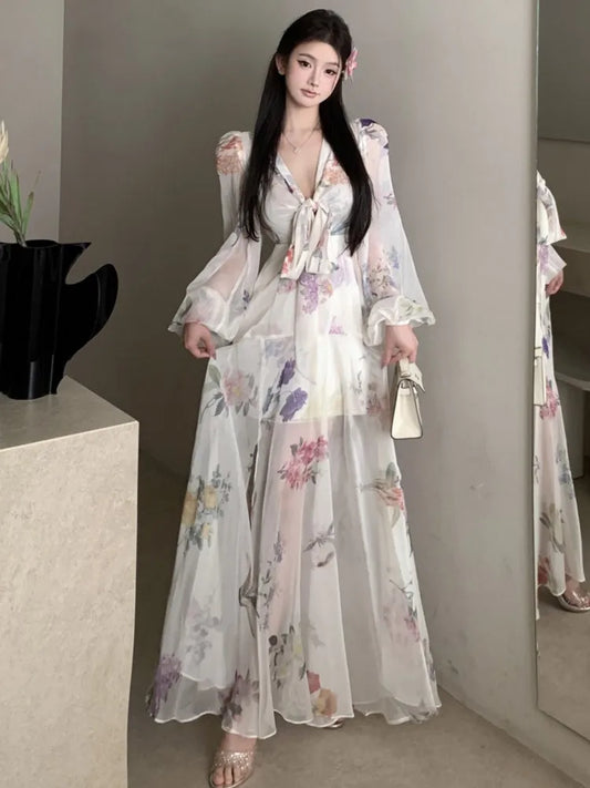 Printed Long Dresses for Lantern Sleeve V-neck High Split Y2k Fairy Party Dress Korean Vestidos New