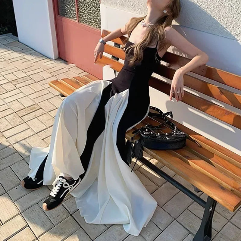 Black White Contrast Pleated Sling Long Dress Summer Backless Maxi Dresses Lady Evening Party Vestidos