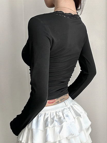 Black Lace Trim V-neck T-shirt Slim Basic Long Sleeve Top Tees All-match Autumn New