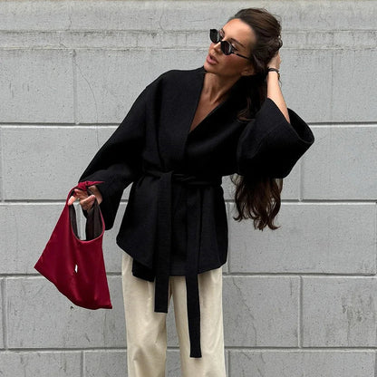 New Black Lace Up Overcoats Autumn Office Jackets Slim Fit Pleated Coat V-neck Commute for Lady Coats