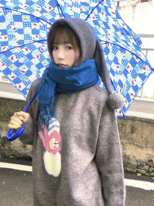 Kawaii Snowman Crochet Sweater Gray Hooded Knitwear Oversize Cutecore Elf Hat Long Sleeve Winter Christmas Clothes