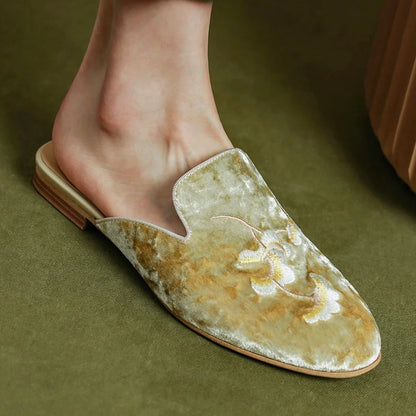 Embroidery Velvet Slipon Flats Summer Mules Round Toe Pigskin Inside Sheepskin Insole Female Sandals Shoes Woman