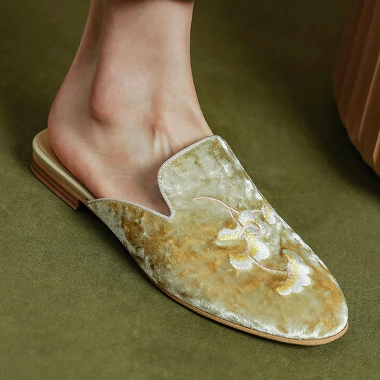 Embroidery Velvet Slipon Flats Summer Mules Round Toe Pigskin Inside Sheepskin Insole Female Sandals Shoes Woman