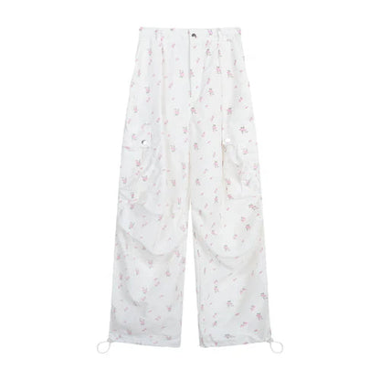 Printing Cargo Trousers for High Waist Patchwork Drawstring Long Pants Female Style