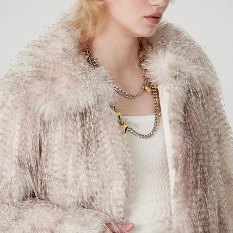 Exclusive Designer Winter Gradient Faux Peacock Fur Coat Furry Tassels Fur Jackets Y3k Outerwears