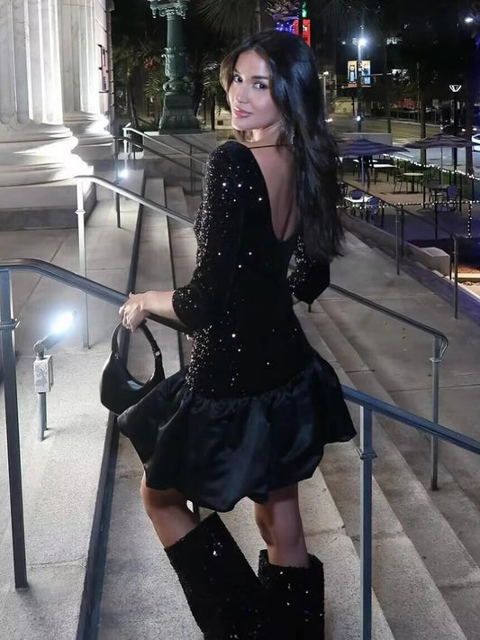 Sequined Patchwork Mini Dress Woman Backless Laceup Long Sleeve Oneck Short Vestidos Evening Party Dresses