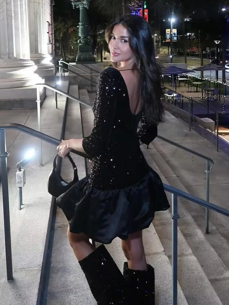 Sequined Patchwork Mini Dress Woman Backless Laceup Long Sleeve Oneck Short Vestidos Evening Party Dresses