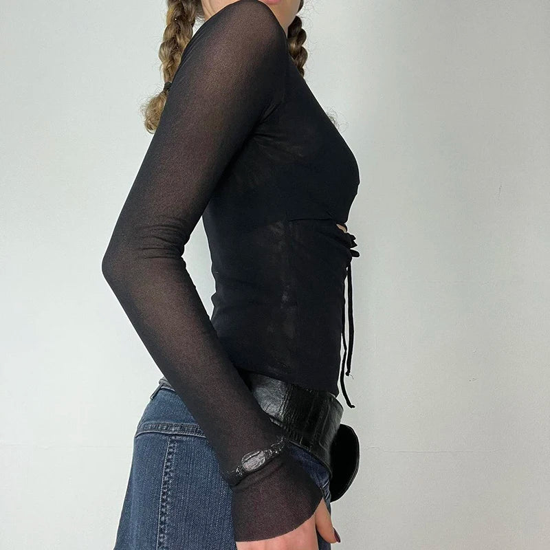 Stylish Cut Out Front Black Top for Mesh Long Sleeve V-neck Halter T-shirt Autumn Fitted Tees