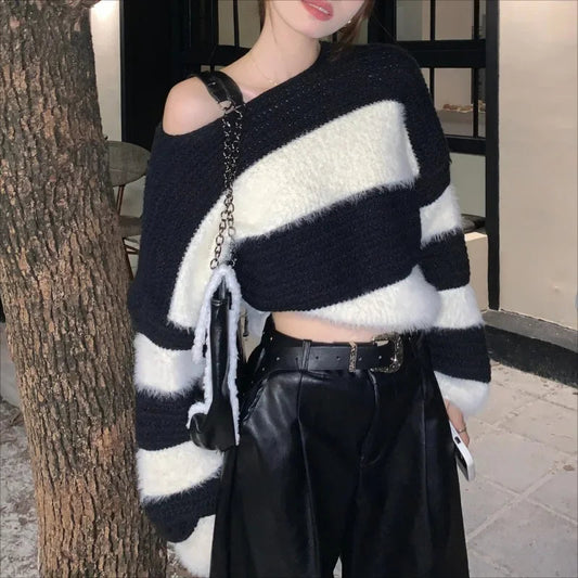 High Street Loose Soft Cashmere Long Sleeve Sweater Winter New Oneck Contrast Color Striped Knitted Crop Tops