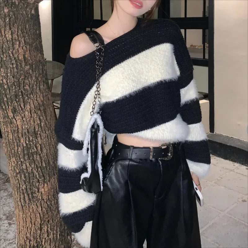 High Street Loose Soft Cashmere Long Sleeve Sweater Winter New Oneck Contrast Color Striped Knitted Crop Tops