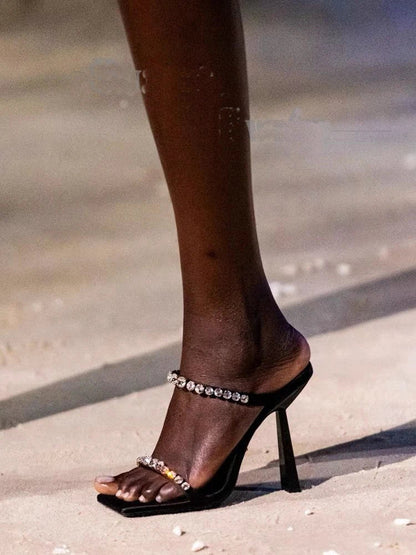 Summer Shiny Rhinestone Chain Designer Slippers Satin One Line Band One Line Belt Square Head Slingback Thin High Heels Shoes