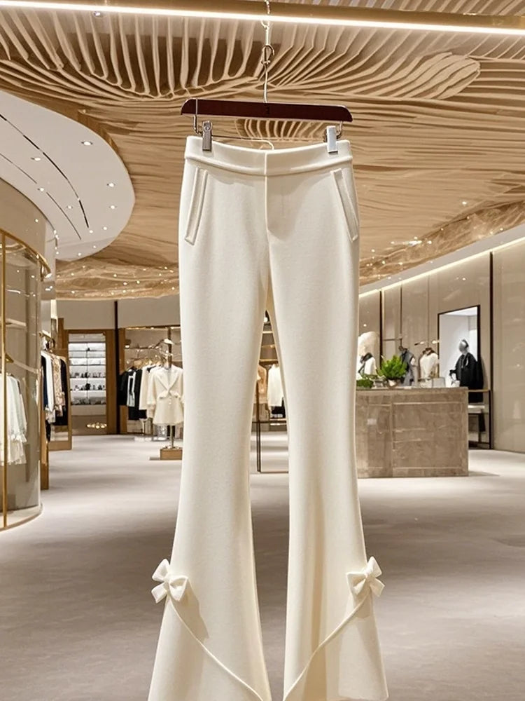 Winter Thick High Waist White Knitted Pants for Korean Sweet Bow Slimming Straight Tube Flare Pants Trousers