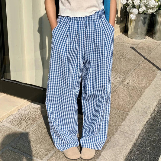 Plaid Wide Leg Pants Pockets Sping Summer High Waist Straight Loose Trousers Female
