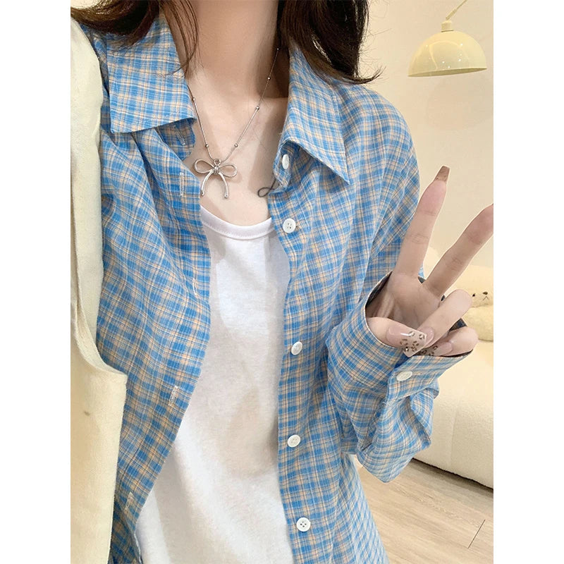 Korean Style Blue Plaid Single Breasted Shirt Spring Autumn Long Sleeve Loose Lapel Sunscreen Blouses