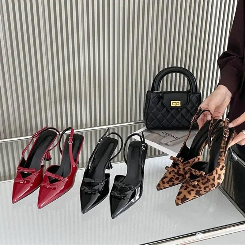 Brand Designer High Heels Bow Pointed Toe Thin High Heeled Sandals Pumps Summer Slingback Dress Shoes
