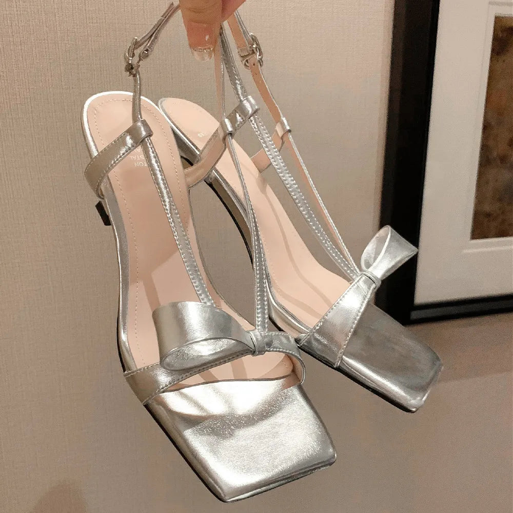 Patent Leather Narrow Band Thin High Heel Cross Strap Sweet Bowtie Sandals Summer Pumps Shoes
