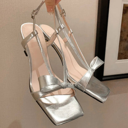 Patent Leather Narrow Band Thin High Heel Cross Strap Sweet Bowtie Sandals Summer Pumps Shoes