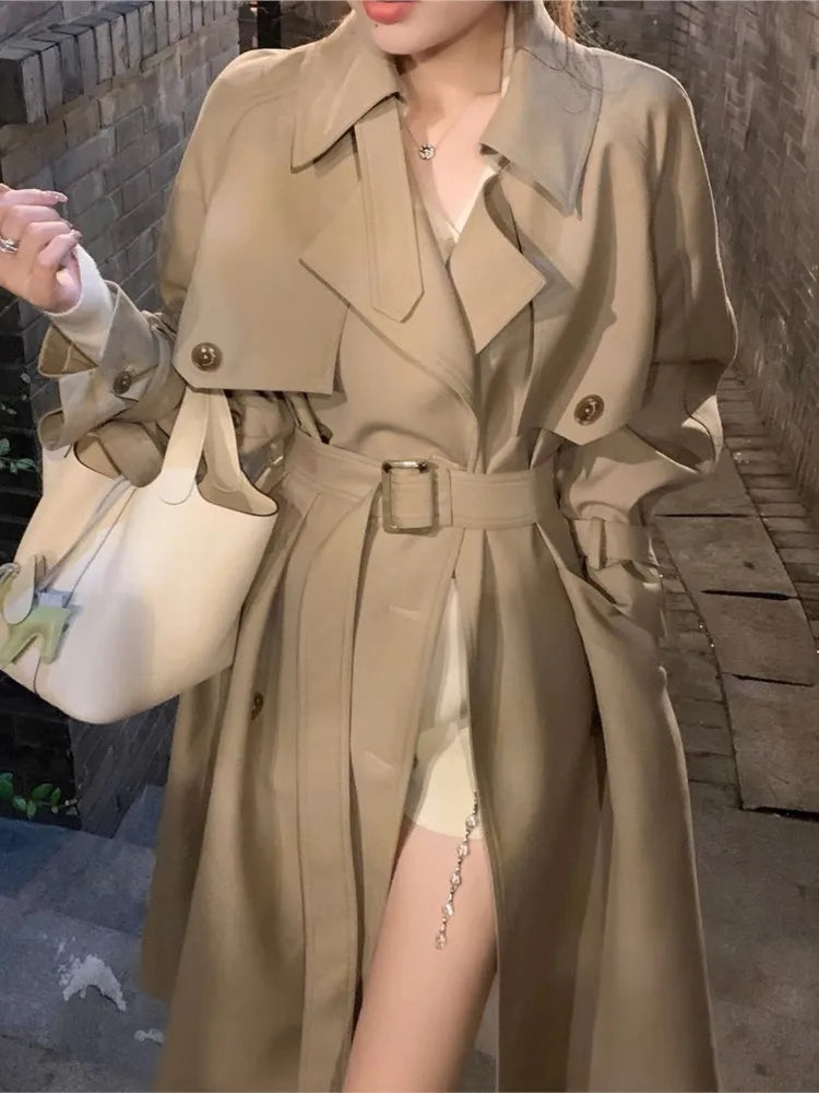 Autumn Winter Khaki Long Trench Coat for Jacket Outerwear Turn-down Collar Tie Belt Korean Windbreaker