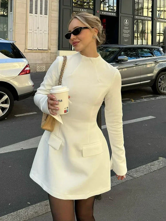 Long Sleeve Slim Mini Dress for A-line High Waist Two Pockets Autumn Winter New Party Dress Female
