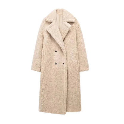 Thicken Warm Outwear Furry Double Breasted Loose Turn-down Collar Long Coat Female Winter Jackets
