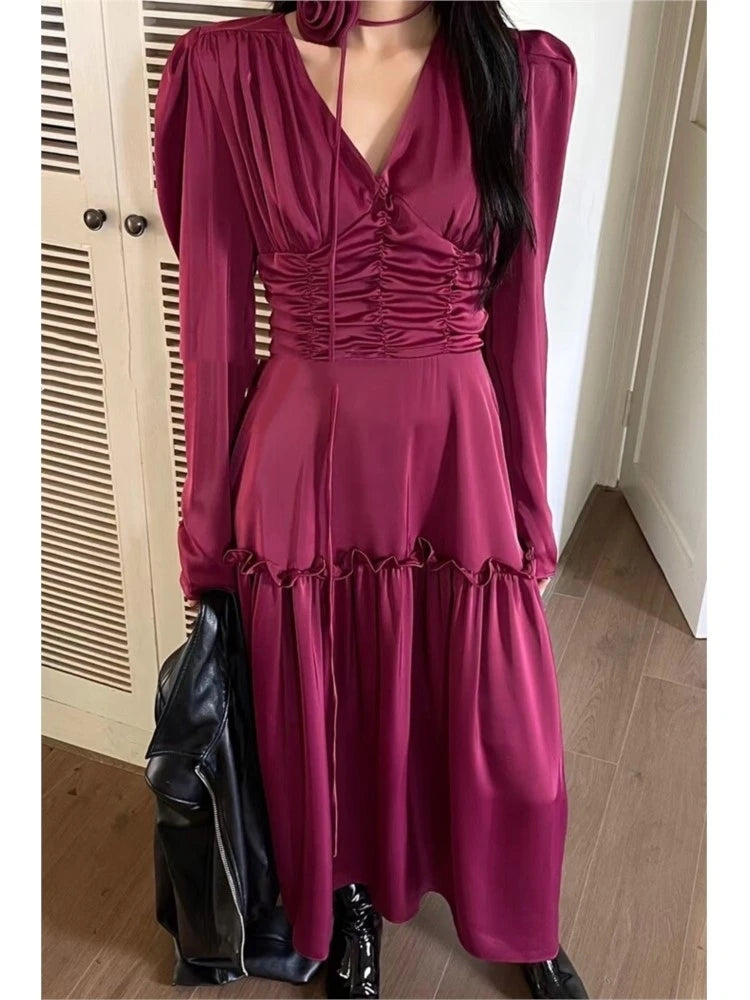 Autumn Satin Midi Dresses for Long Sleeve V-neck Folds Design A-line Korean Office Lady One Piece Vestidos New