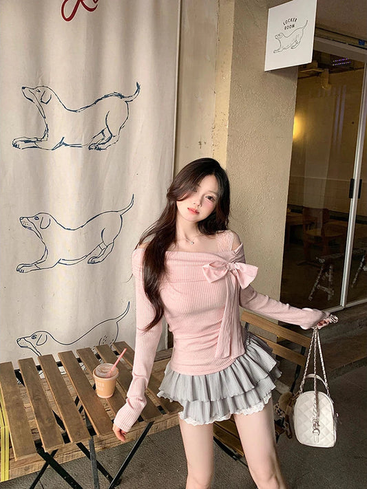 Knitted Sweater Sweet Bow Off Shoulder Slash Neck Patchwork Autumn Winter Pullover Basic Crop Tops