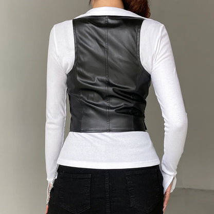 Y2k Pu Leather Vest Aesthetic V Neck Sleeveless Button Tank Tops 2000s Dark Academia Tshirt Waistcoat