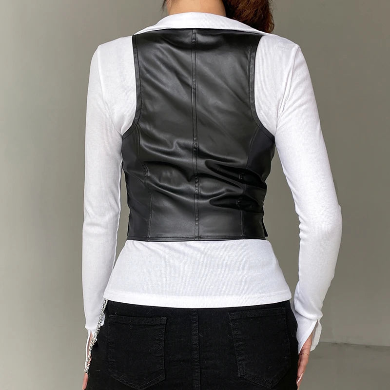 Y2k Pu Leather Vest Aesthetic V Neck Sleeveless Button Tank Tops 2000s Dark Academia Tshirt Waistcoat