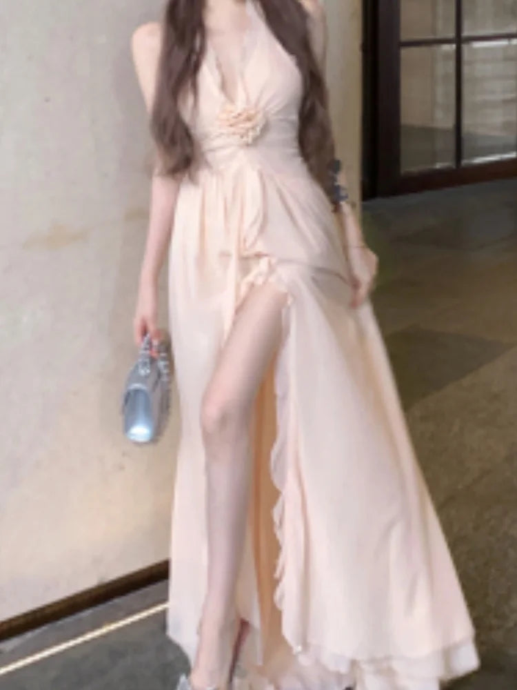 Neackmounted Backless Long Dresses Beach Gentle Fairycore Flower Design Sense Aline Vneck Off Shoulder Backless Dress