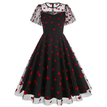New Retro Pink Strawberry Mesh Birthday Long Dress 50s Flare Sleeve Summer Prom Evening Party Dresses