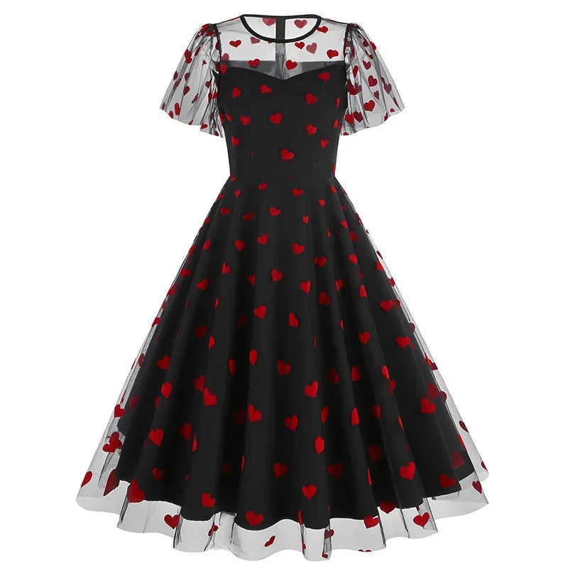New Retro Pink Strawberry Mesh Birthday Long Dress 50s Flare Sleeve Summer Prom Evening Party Dresses