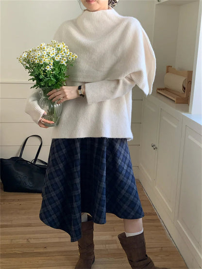 Sweaters Slim Knitted Winter Daily Office Lady Warm Sweet Loose Plaid Aline Skirts