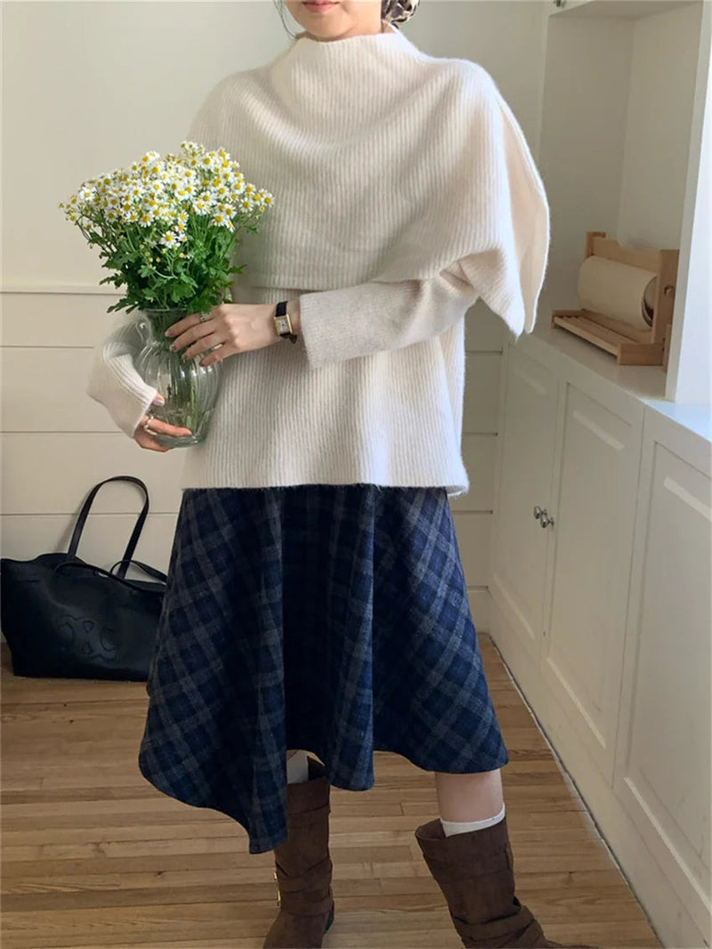 Sweaters Slim Knitted Winter Daily Office Lady Warm Sweet Loose Plaid Aline Skirts