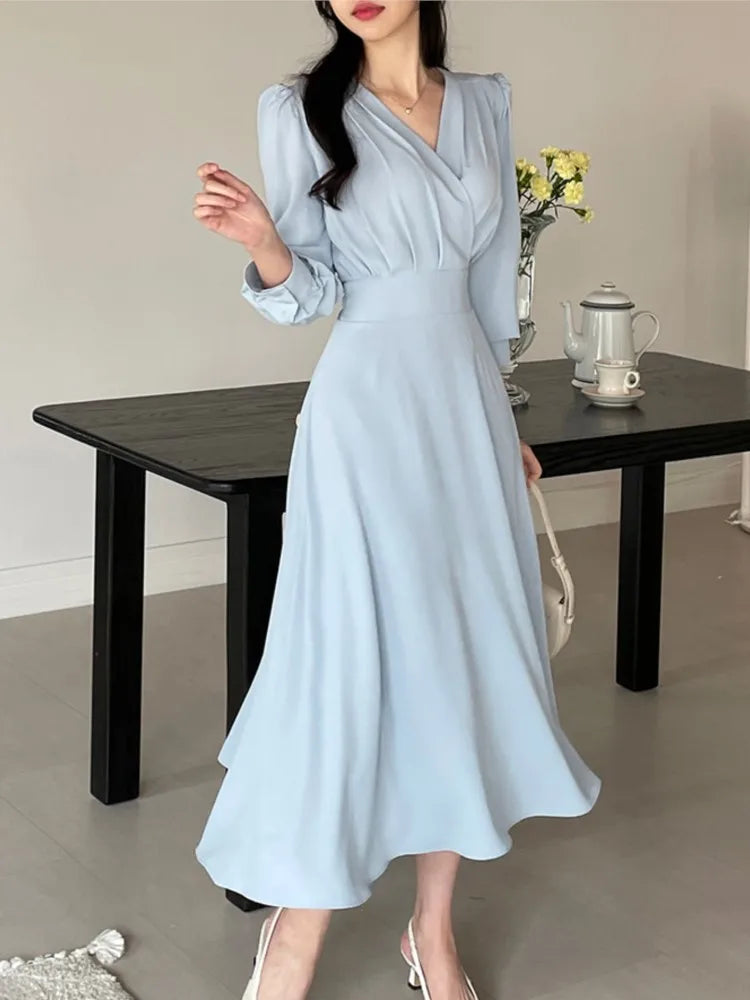 Korean Autumn Midi Dresses for Long Sleeves V-neck A-line Dress Office Lady Clothing New